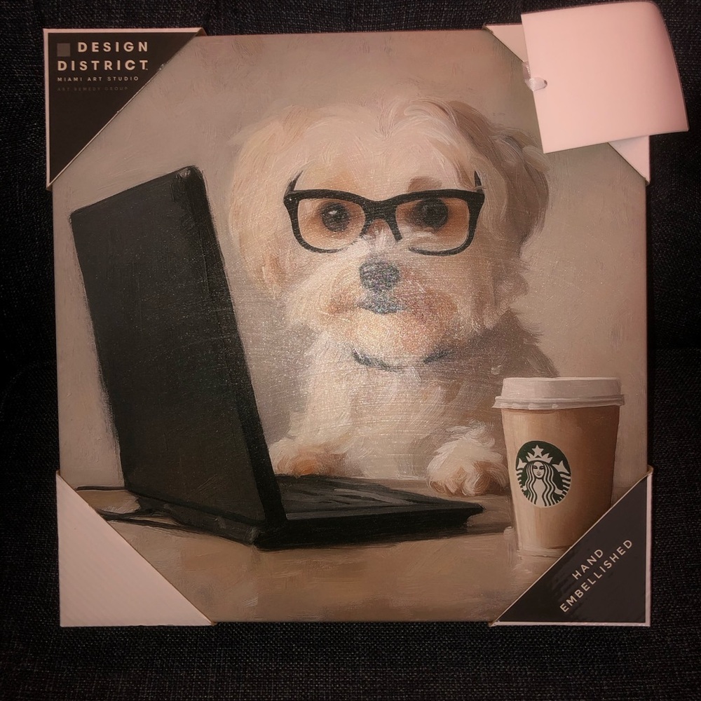 ‼️ Design District Hand-Embellished Dog Canvas with Laptop and Starbucks Coffee